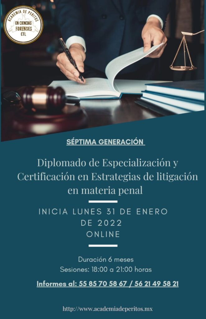 Flyer Diplomado Estrategias de litigación en materia penal Online Enero 2022
